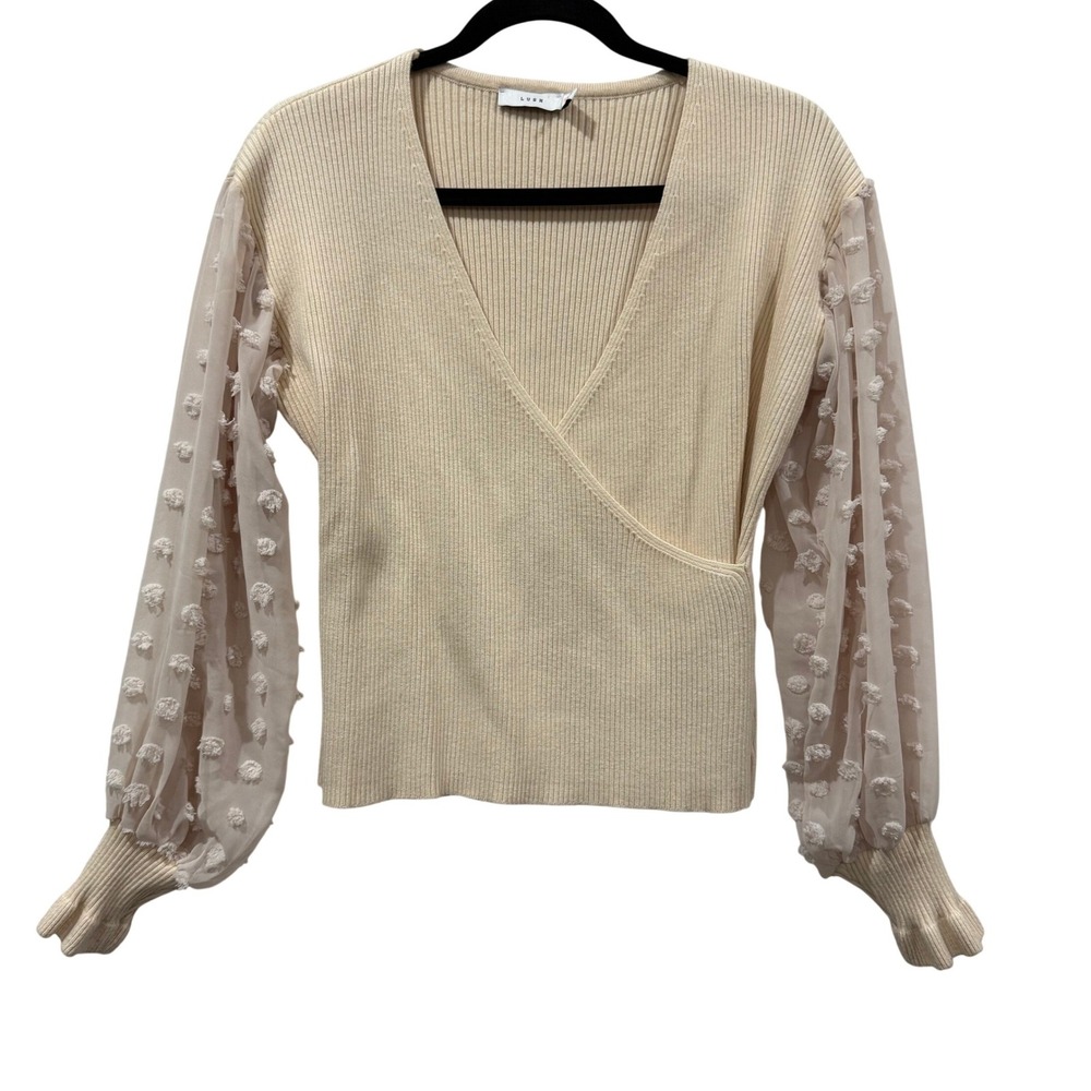 LUSH Cream Mesh Dot Balloon Sleeve Wrap Knit‎ Sweater Top M